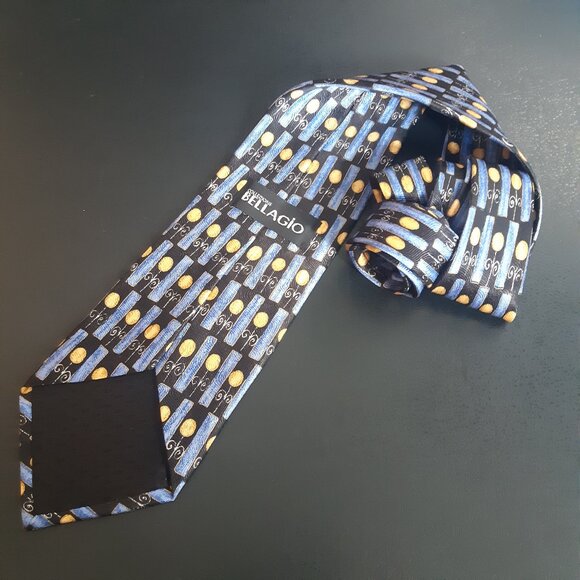 Vintage Bellagio 100% Silk Tie, Blues And Golden Yellow - Picture 3 of 13